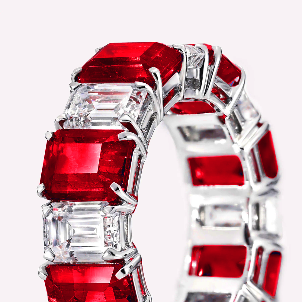 Modern Emerald Cut Ruby and Diamond Ring