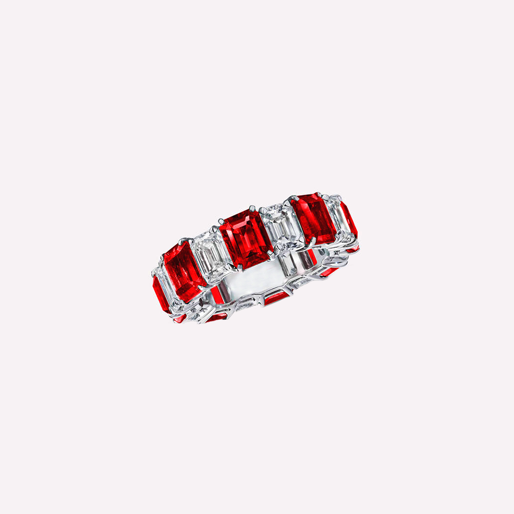 Modern Emerald Cut Ruby and Diamond Ring